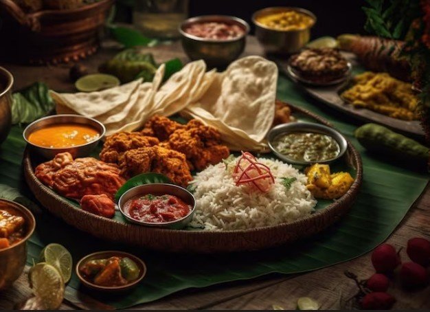 Authentic South Indian thali with rice, curries, papad, and chutneys – Best Traditional South Indian Cuisine in Delhi